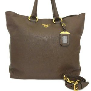 100% Authentic PRADA Logo Brown Leather Tote Bag w/Shoulder Strap